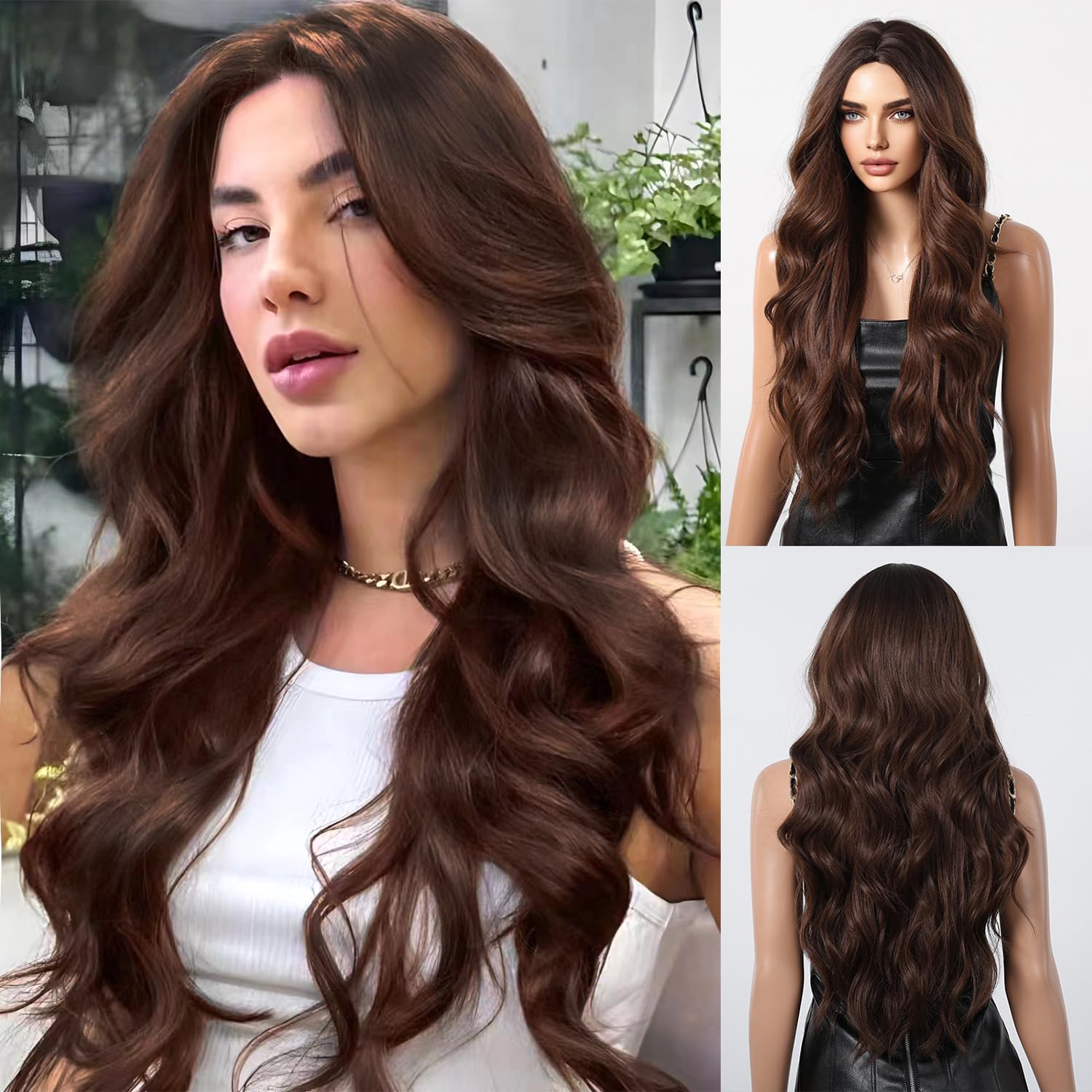 Long Brown Wave Wig 26 inch Synthetic Wig Wave Brown Heat Resistant Hair