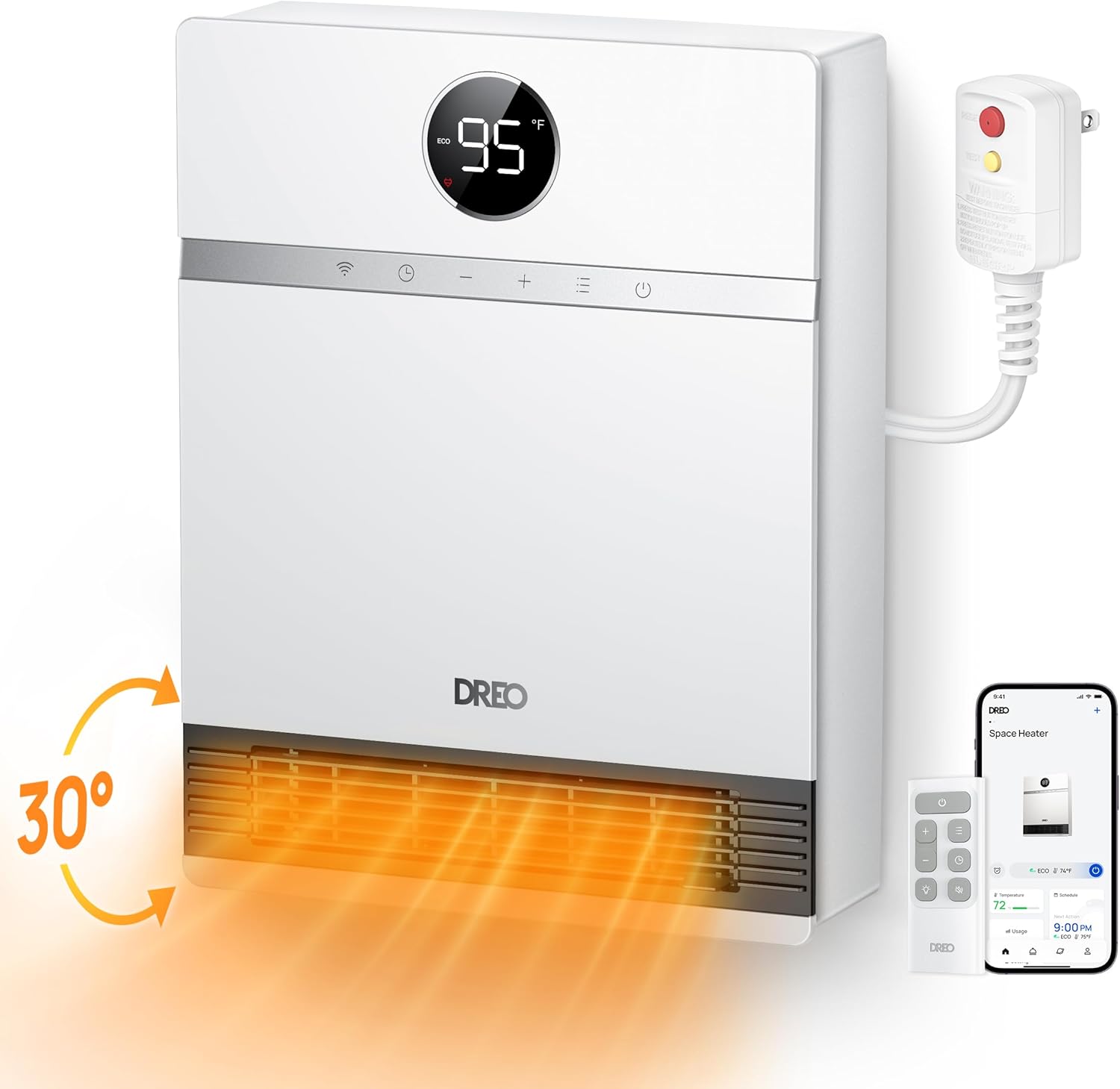 Dreo Smart Wall Heater, IP24 Electric PTC Space Heaters for Indoor Use, 30° Oscillation, Adjustable Thermostat, Remote Control, Works with Alexa, 24H Timer, Easy-mounted for Bedroom, Office, Home
