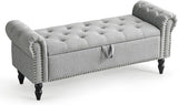 Furniliving Modern Storage Ottoman Bench, Sherpa Ottoman End of Bed Bench with Solid Wood Legs Upholstered Ottoman Benches with Storage Indoor Bench for Living Room with Rolled Arm, Entryway, White