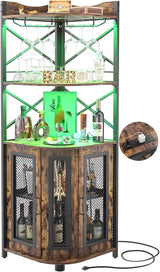 Aheaplus Corner Bar Cabinet with Power Outlet, Industrial Wine Cabinet with LED Strip and Glass Holder, 5-Tiers Liquor Cabinet Bar Unit for Home, Corner Display Cabinet for Small Space, White Oak
