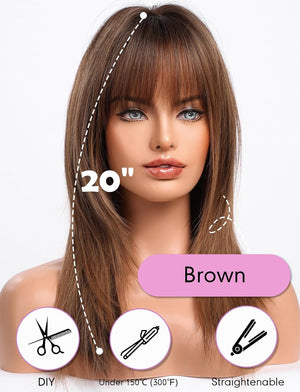 Dark Brown Wigs for Women layered Straight Wig with Bangs Natural Human Hair Wigs - Wigtrends