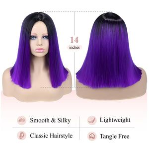 Quick Wig Ombre Wig Short Straight Bob Wig Black to Grey Wig Colorful Wigs for Girls and Women Shoulder Length Synthetic Halloween Cosplay Party Wigs 14 Inches - Wigtrends