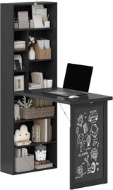 HOMCOM Fold-Out Convertible Writing Table, Wall Mount Desk Cabinet with Blackboard and Side Shelf Multi-Function Home Office Workstation, White