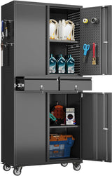 Metal Storage Cabinet with Pegboard 71'' x 34'' x 18'',Lockable Steel Storage Cabinet with 5 Adjustable Shelves and Door for Garage, Office, Kitchen, Assembly Required(Black)