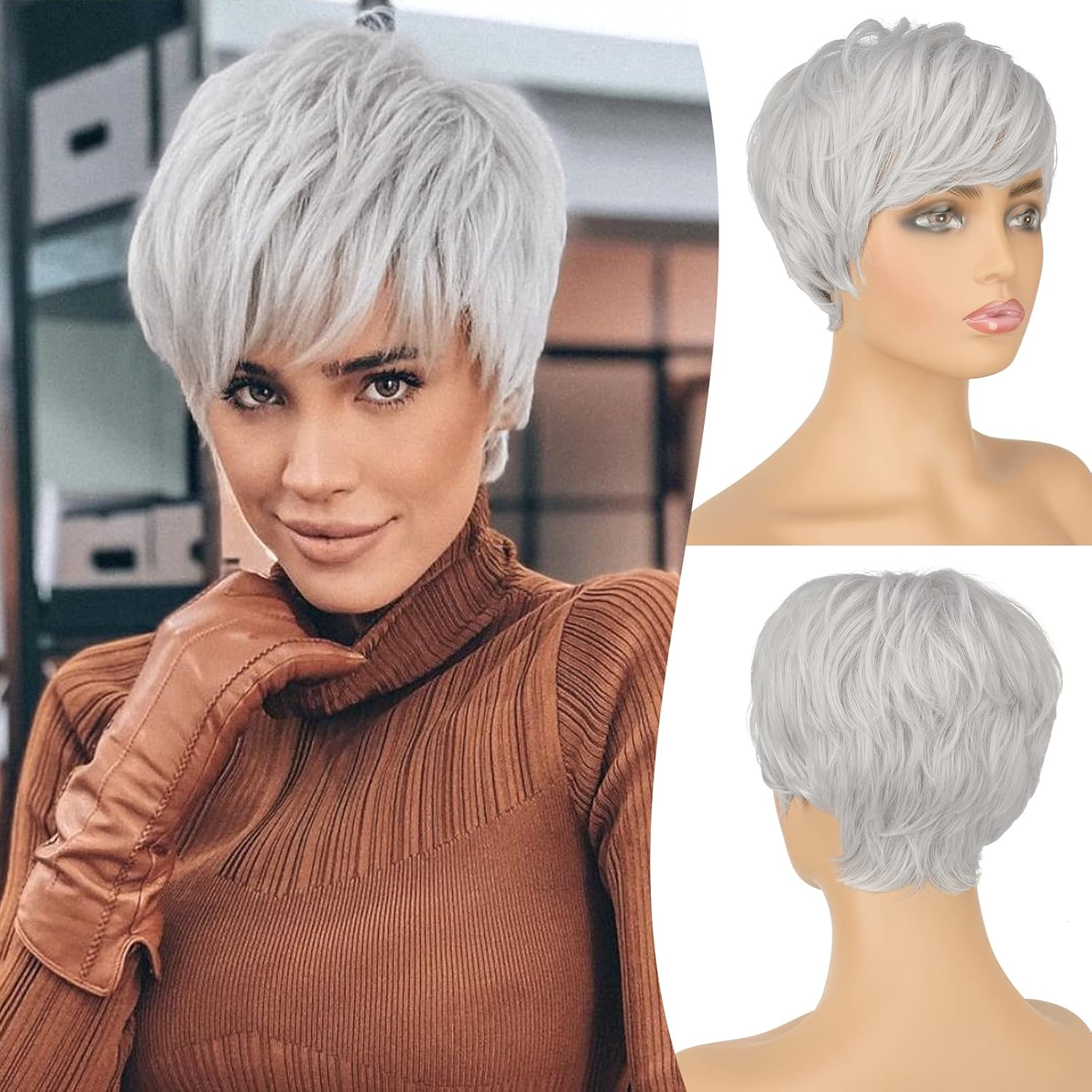 Salt and Pepper Human Hair Wigs Pixie Haircut Wig with Bangs Glueless Layered Wig Wavy Grey - Wigtrends