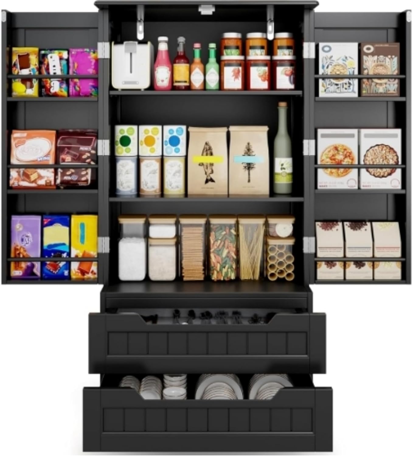 Gizoon Kitchen Pantry Storage Cabinet with Drawers Freestanding Bathroom Storage Cabinets with Doors and Shelves, 47" Small Food Pantry Cabinet for Dining Room Craft Room, White
