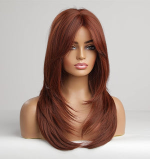 Auburn Red Wigs with Bangs, Copper Red Wigs for Women, Shoulder Length Synthetic Hair Red Full Wig, Middle Length Straight Hair Wig, 20 inch - Wigtrends