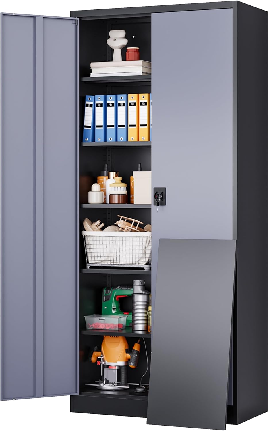 SISESOL Metal Storage Cabinet with Wheels,75 inch Tall Rolling Garage Storage Cabinet with Lock,Black Metal Cabinets with Wheels and Shelves,Deep Heavy Duty Tool Locker for Garage,Home,Office,Shop