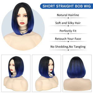 Quick Wig Ombre Wig Short Straight Bob Wig Black to Grey Wig Colorful Wigs for Girls and Women Shoulder Length Synthetic Halloween Cosplay Party Wigs 14 Inches - Wigtrends