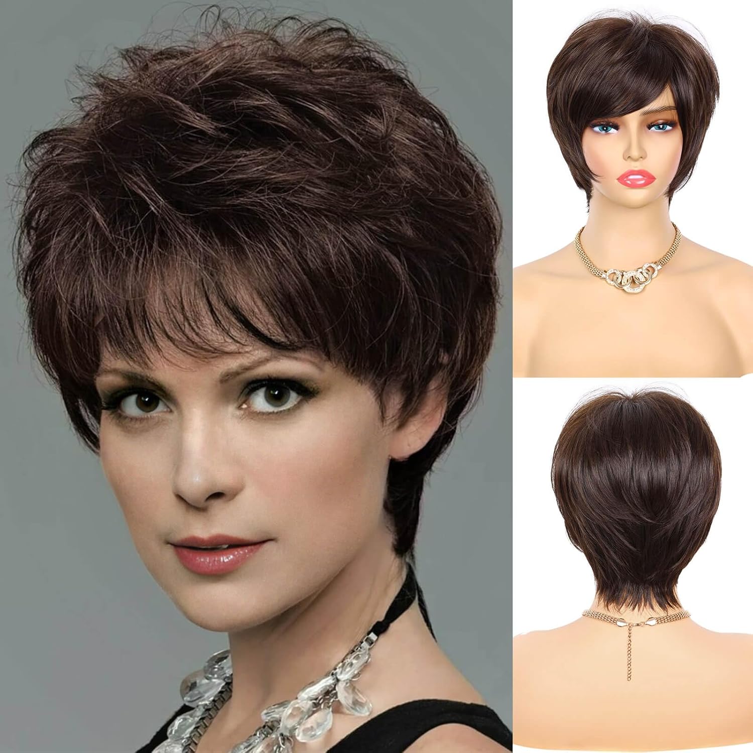 Pixie Cut Wigs Short Stylish Fluffy Layer Wig Brown Mix Blonde Wig Short Human Hair Wigs