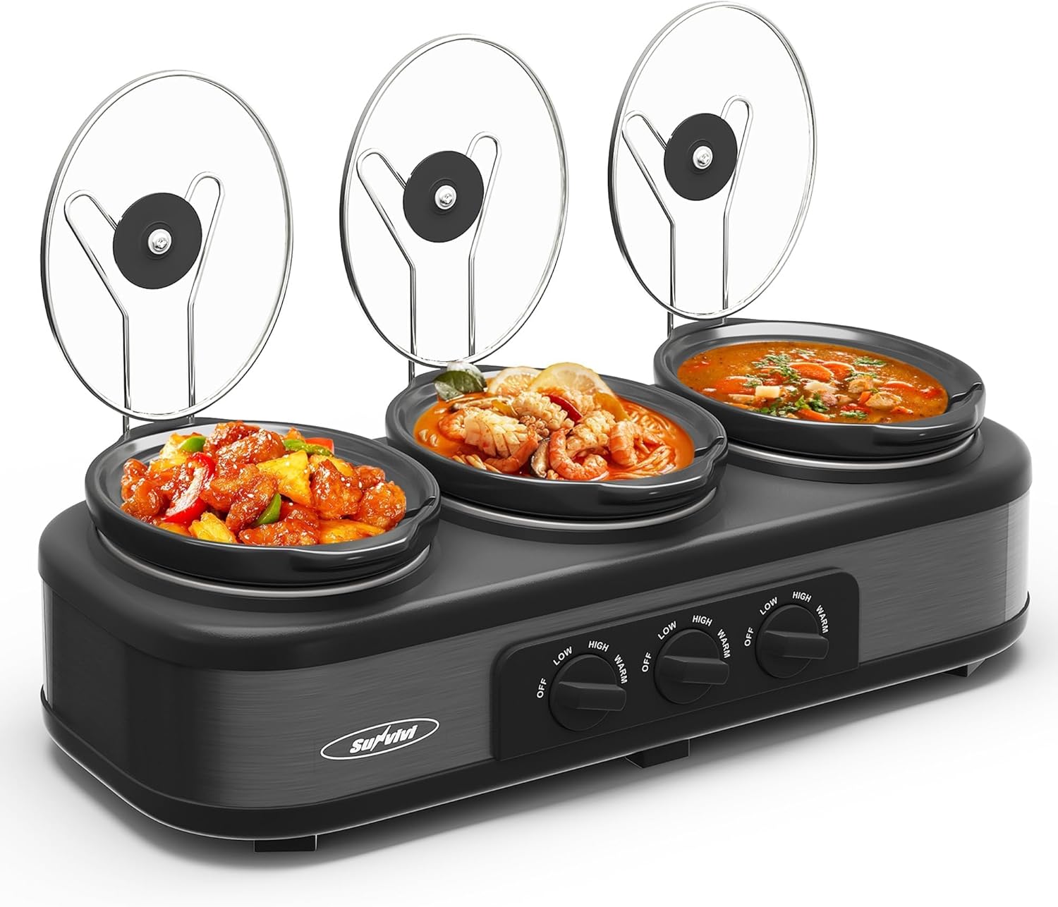 Sunvivi Slow Cooker, Triple Slow Cooker Buffet Server and Food Warmer, 3-Section 1.5-Quart Upgraded Oval Ceramic Pot with Stainless Steel Lid Rests, 3 Spoons, Total 4.5 QT