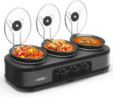 Sunvivi Slow Cooker, Triple Slow Cooker Buffet Server and Food Warmer, 3-Section 1.5-Quart Upgraded Oval Ceramic Pot with Stainless Steel Lid Rests, 3 Spoons, Total 4.5 QT