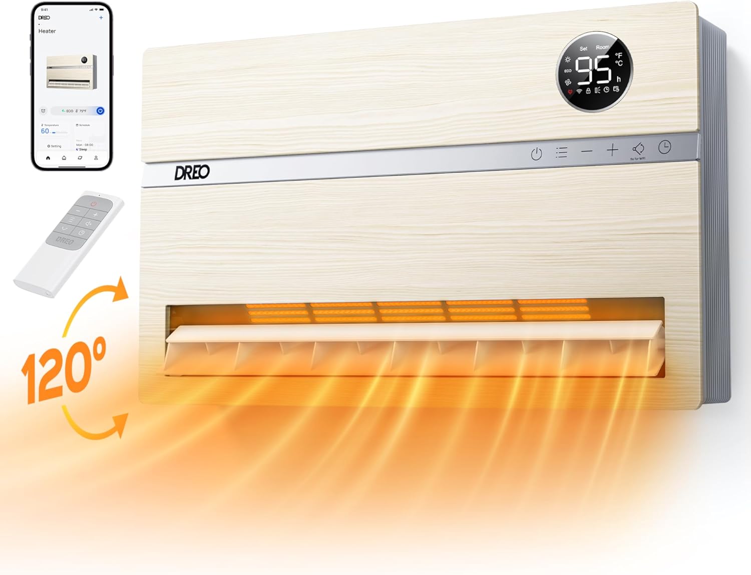 Dreo Smart Wall Heater, Electric Space Heater for Bedroom 1500W, 120° Vertical Oscillation, Adjustable Thermostat, Remote Control, 24H Timer, Easy-Mount Heater for Indoor Use, Works with Alexa, WH719S