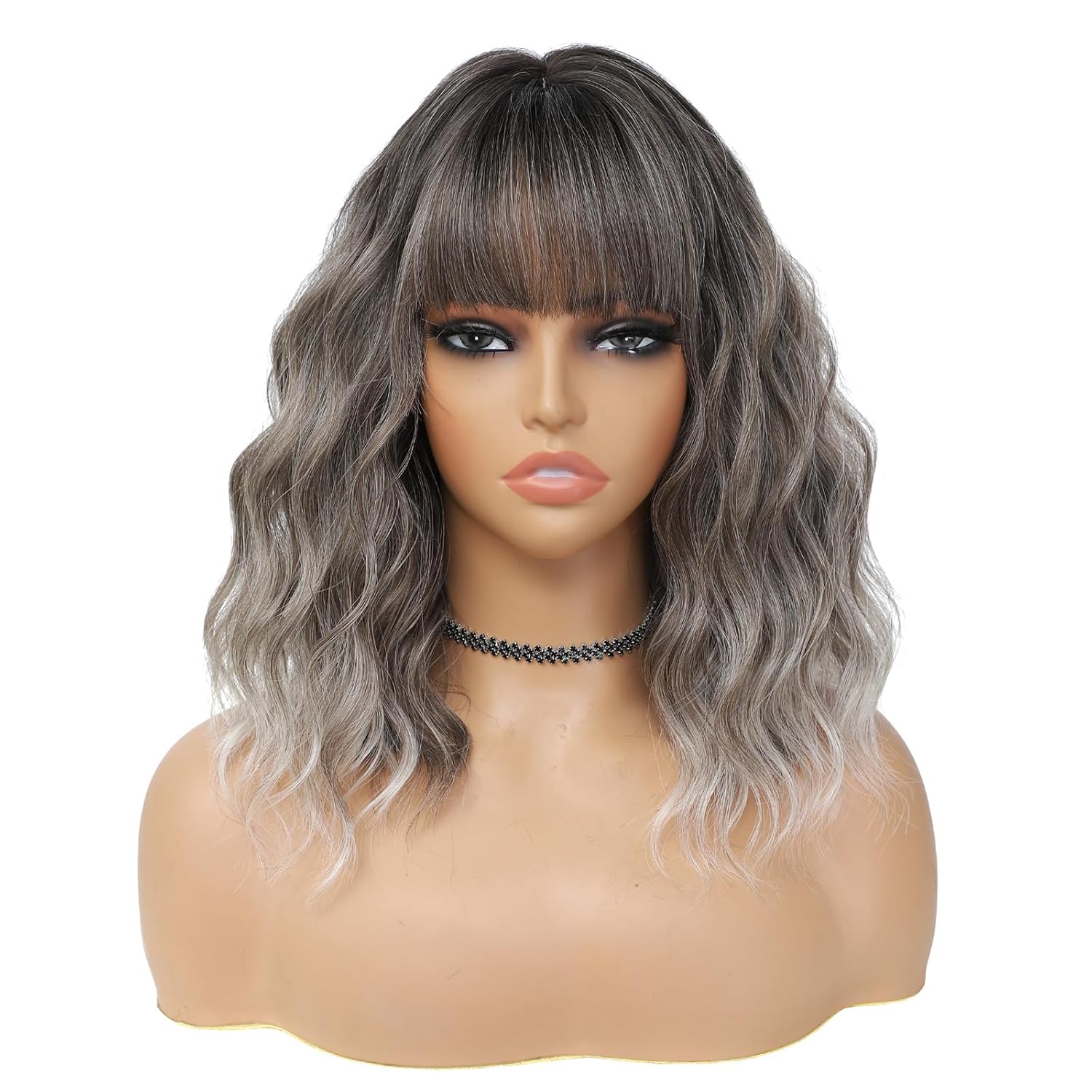 Silver Gray Wig with Bangs 14 Inch Short Bob Wavy Curly Heat Resistant Synthetic Wigs