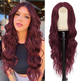 Long Auburn Wavy Wig 26 Inch Middle Part Curly Wavy Wig Natural Looking Synthetic Wig