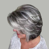 Short Curly Bob Layered Wig Wavy Salt and Pepper Gray Wig