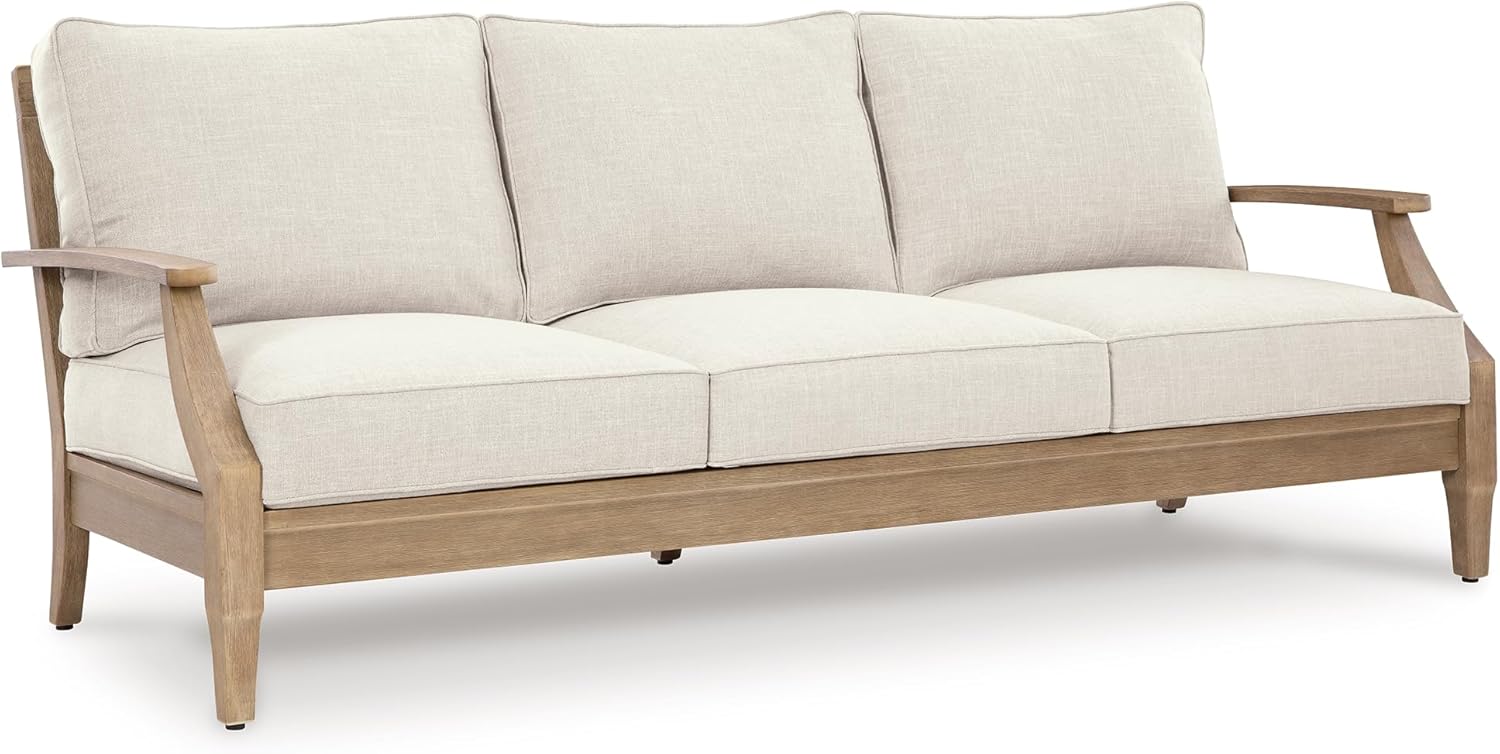 Signature Design by Ashley Clare View Coastal Outdoor Patio Eucalyptus Sofa with Cushions, Beige