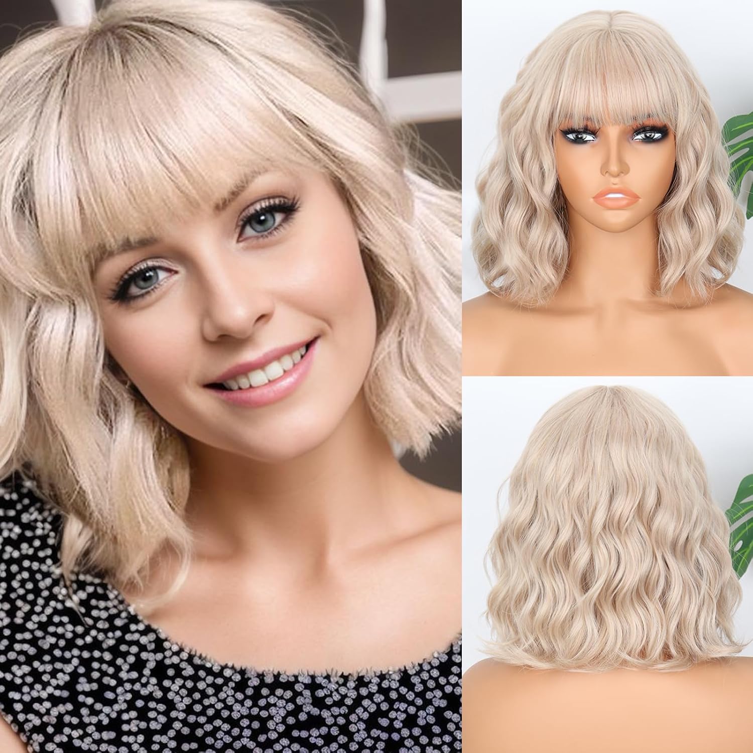 Short Wavy Black Wig with Bangs Bob Wig Synthetic Natural Looking Wigs