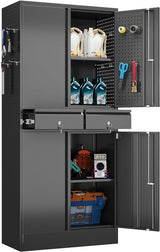 Metal Storage Cabinet with Pegboard 71'' x 34'' x 18'',Lockable Steel Storage Cabinet with 5 Adjustable Shelves and Door for Garage, Office, Kitchen, Assembly Required(Black)