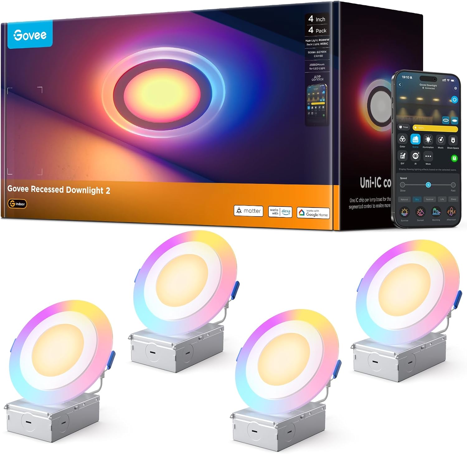 Govee Smart Recessed Lighting 6 Inch, Matter RGBIC LED Recessed Light Work with Alexa, Google Assistant, Dimmable 1100LM Canless Downlight with Junction Box for Living Room, Bedroom, Kitchen 4 Pack