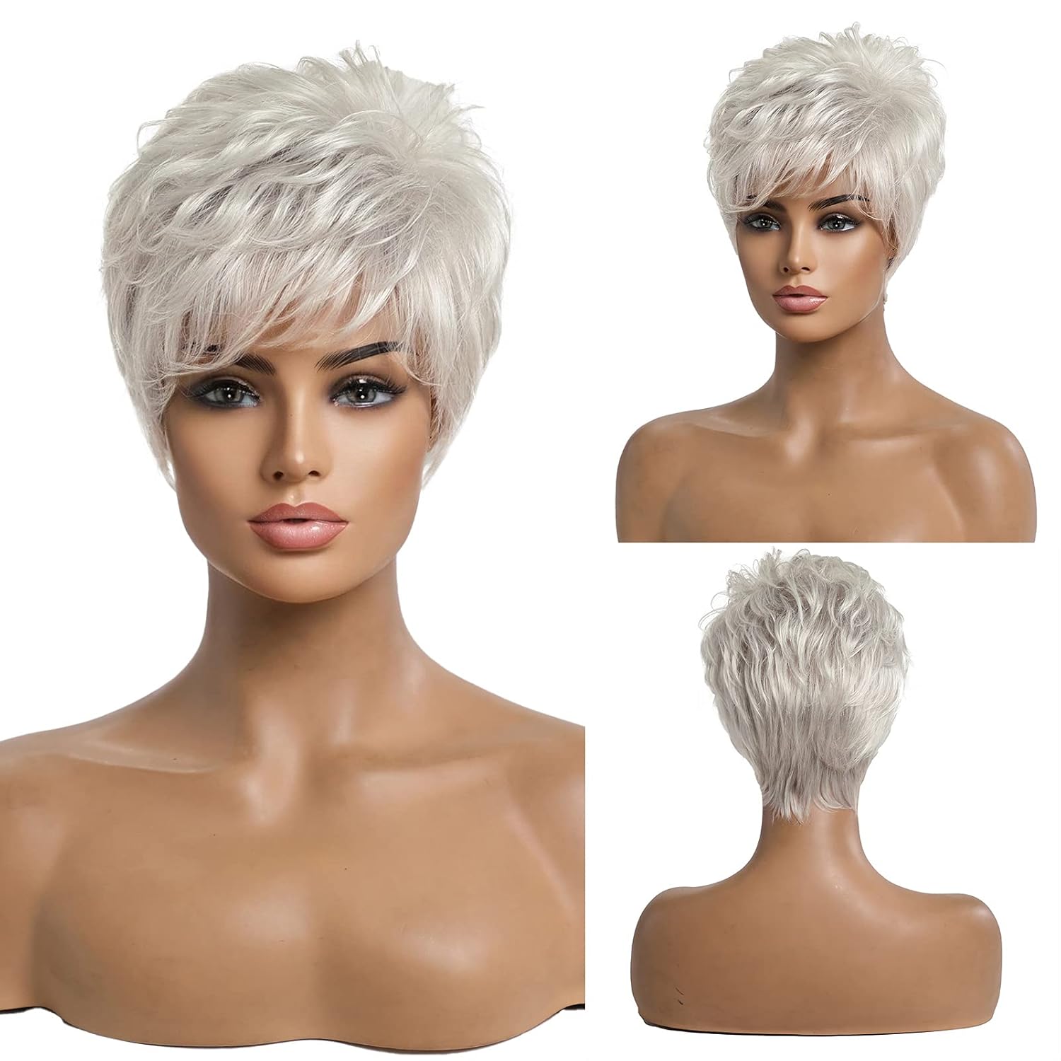 Short Silver Grey Human Hair Blend Wigs for Women Natural Hair Pixie Cut Wig - Wigtrends