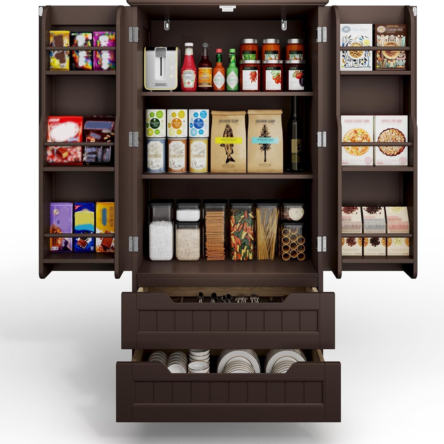 Gizoon Kitchen Pantry Storage Cabinet with Drawers Freestanding Bathroom Storage Cabinets with Doors and Shelves, 47" Small Food Pantry Cabinet for Dining Room Craft Room, White