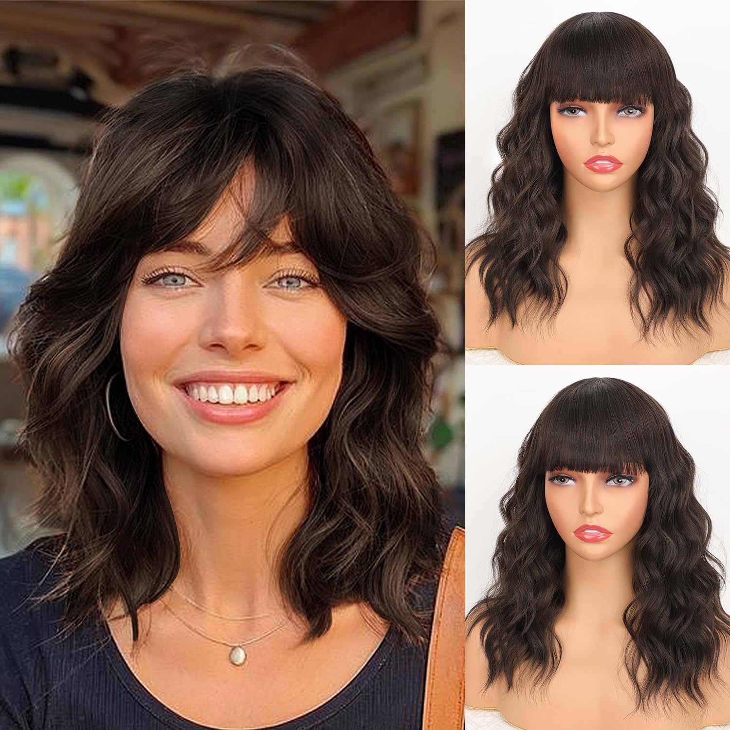 Short Wavy Curly Wig Bob Women's Charming Human Hair Wigs Black To Brown