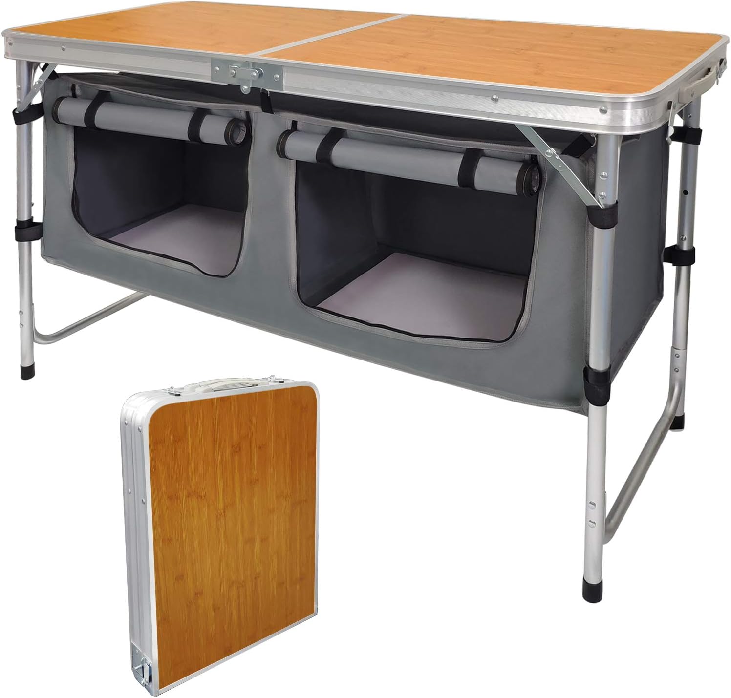 CampLand Outdoor Folding Table Aluminum Lightweight Height Adjustable with Storage Organizer for BBQ, Party, Camping