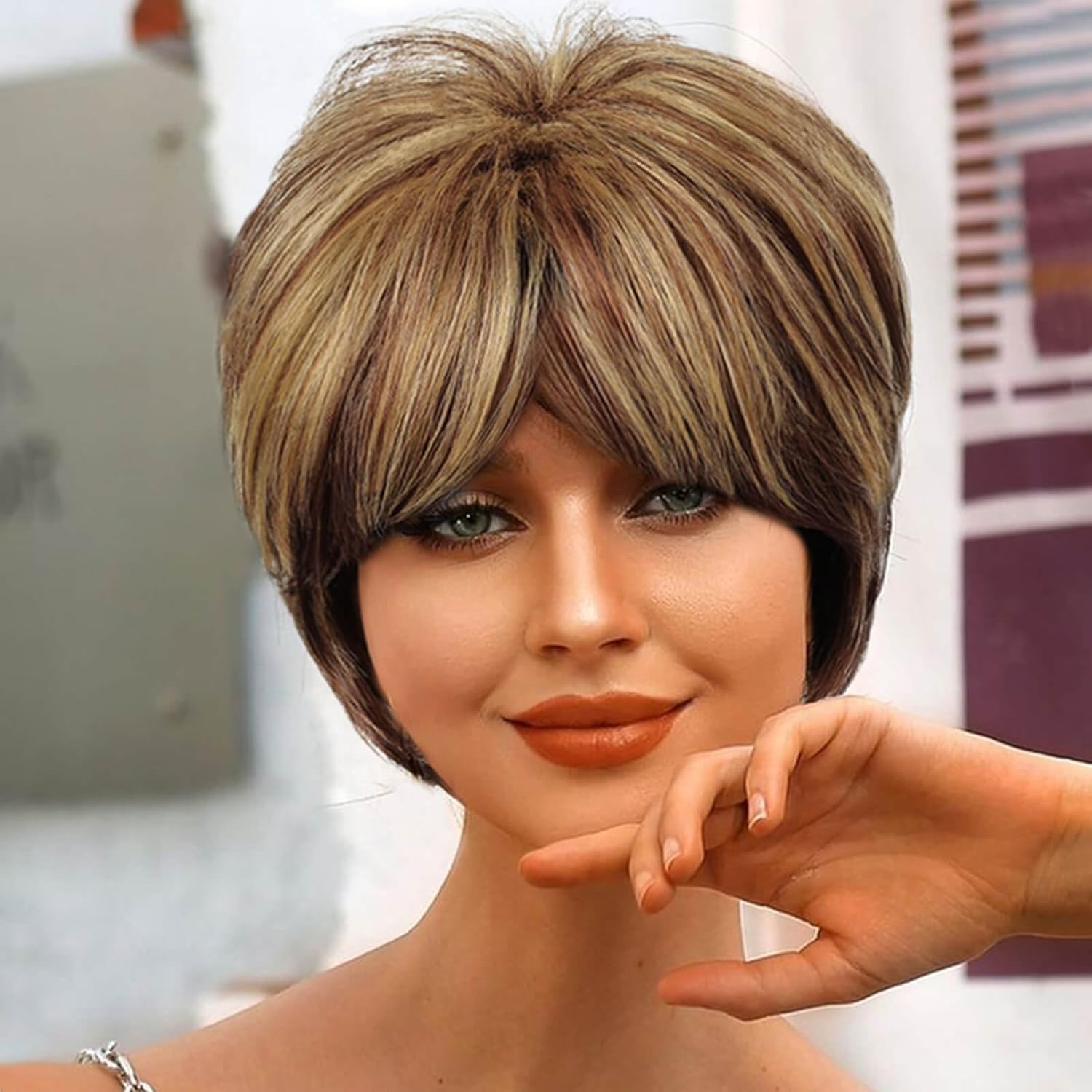 Pixie Cut Wigs Short Stylish Fluffy Layer Wig Brown Mix Blonde Wig Short Human Hair Wigs