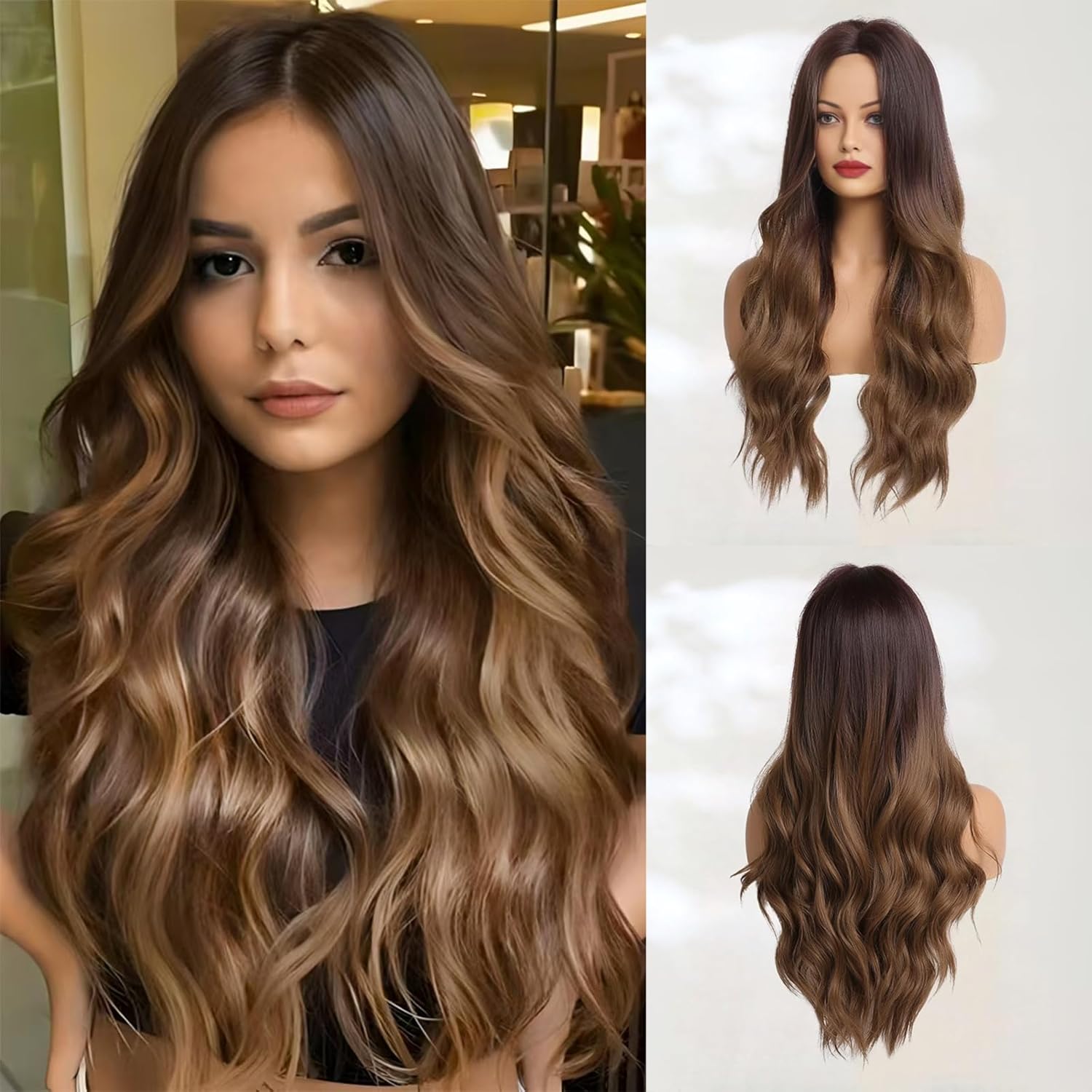 Long Brown Wave Wig 26 inch Synthetic Wig Wave Brown Heat Resistant Hair