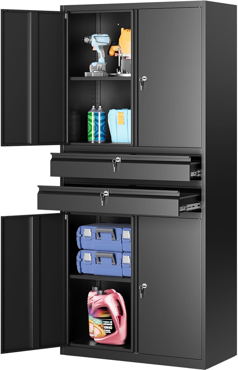 SISESOL Metal Storage Cabinet with Wheels,75 inch Tall Rolling Garage Storage Cabinet with Lock,Black Metal Cabinets with Wheels and Shelves,Deep Heavy Duty Tool Locker for Garage,Home,Office,Shop
