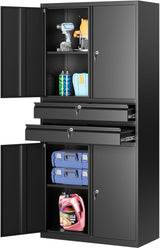 SISESOL Metal Storage Cabinet with Wheels,75 inch Tall Rolling Garage Storage Cabinet with Lock,Black Metal Cabinets with Wheels and Shelves,Deep Heavy Duty Tool Locker for Garage,Home,Office,Shop