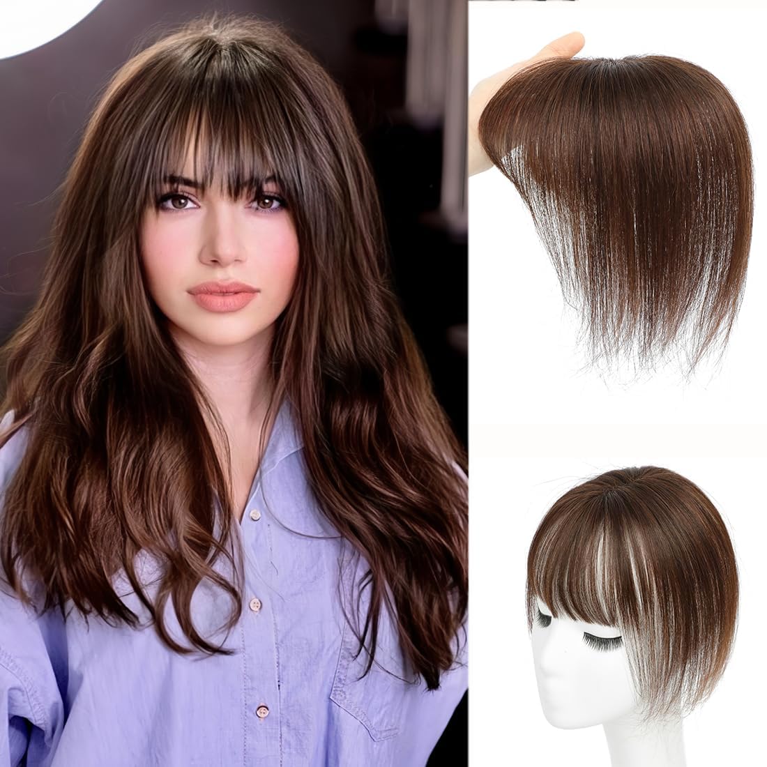 Bangs Toppers for Women 100% Human Hair Piece 360° 3D Cover Fake Clip