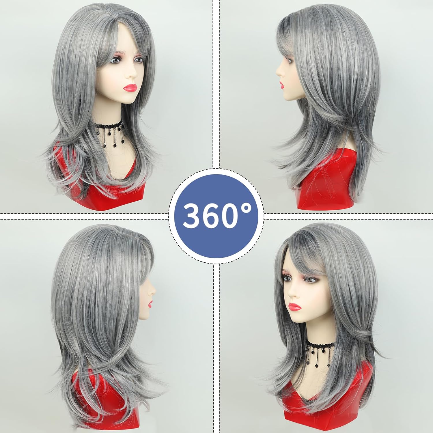 Grey Wigs for White Women Medium Length Layered Silver Gray Wavy Wig Salt and Pepper Wigs for Women - Wigtrends