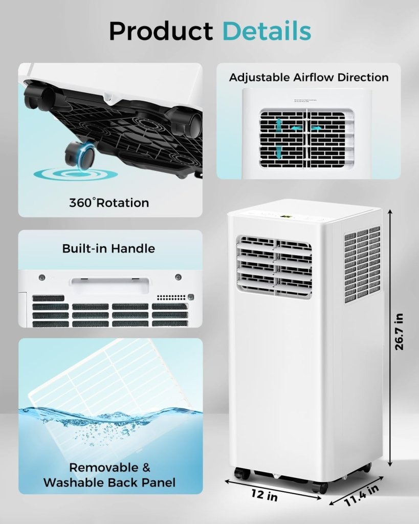 8,000 BTU Portable Air Conditioner - 3 - in - 1 AC Unit with Remote Control, Ultra - Quiet Cooling for Rooms up to 350 sq. ft., 24H Timer, Sleep Mode - Wigtrends