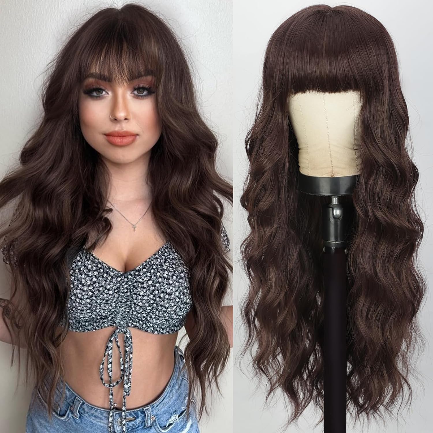 Blonde Wig With Bangs Long Wavy Curly Ombre Wig with Dark Root Human Hair Wigs