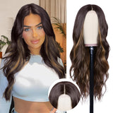 Long Auburn Wavy Wig 26 Inch Middle Part Curly Wavy Wig Natural Looking Synthetic Wig