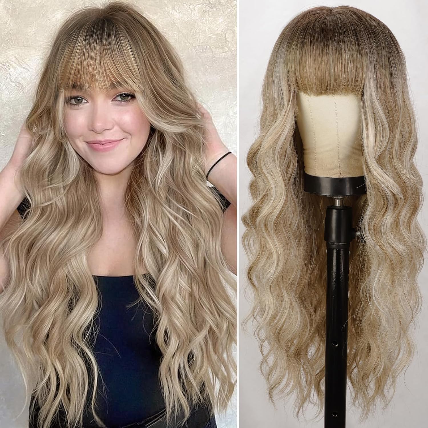 Blonde Wig With Bangs Long Wavy Curly Ombre Wig with Dark Root Human Hair Wigs