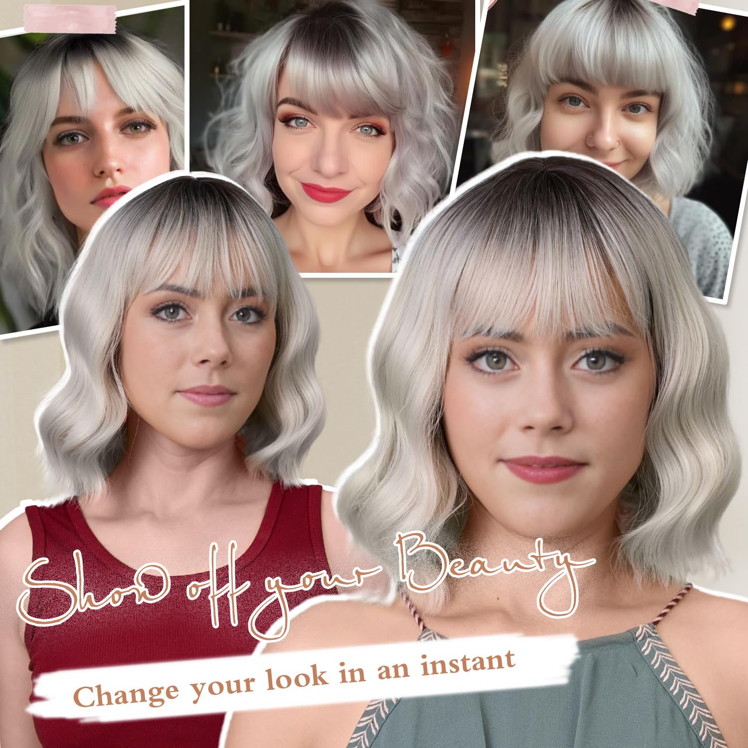 Short Bob Wig with Bangs Wigs for White Women Synthetic Heat Resistant Wavy Wigs - Wigtrends