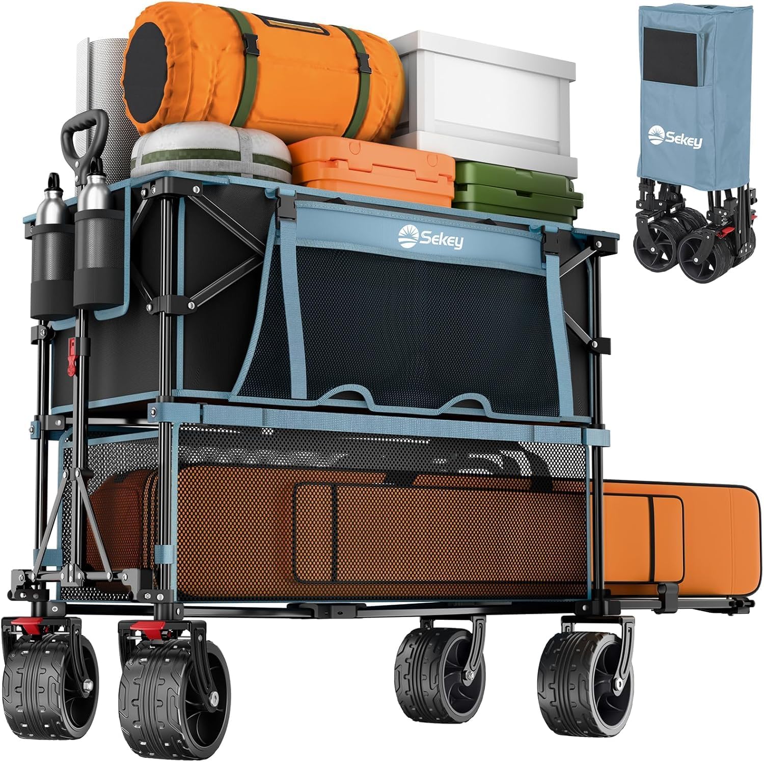 400L Large Capacity Folding Double Decker Wagon with Brakes, 50" Extra Long Extender Cart, 500lbs Heavy Duty Collapsible Wagons, All-Terrain Big Wheels for Camping, Sports, Shopping. Black