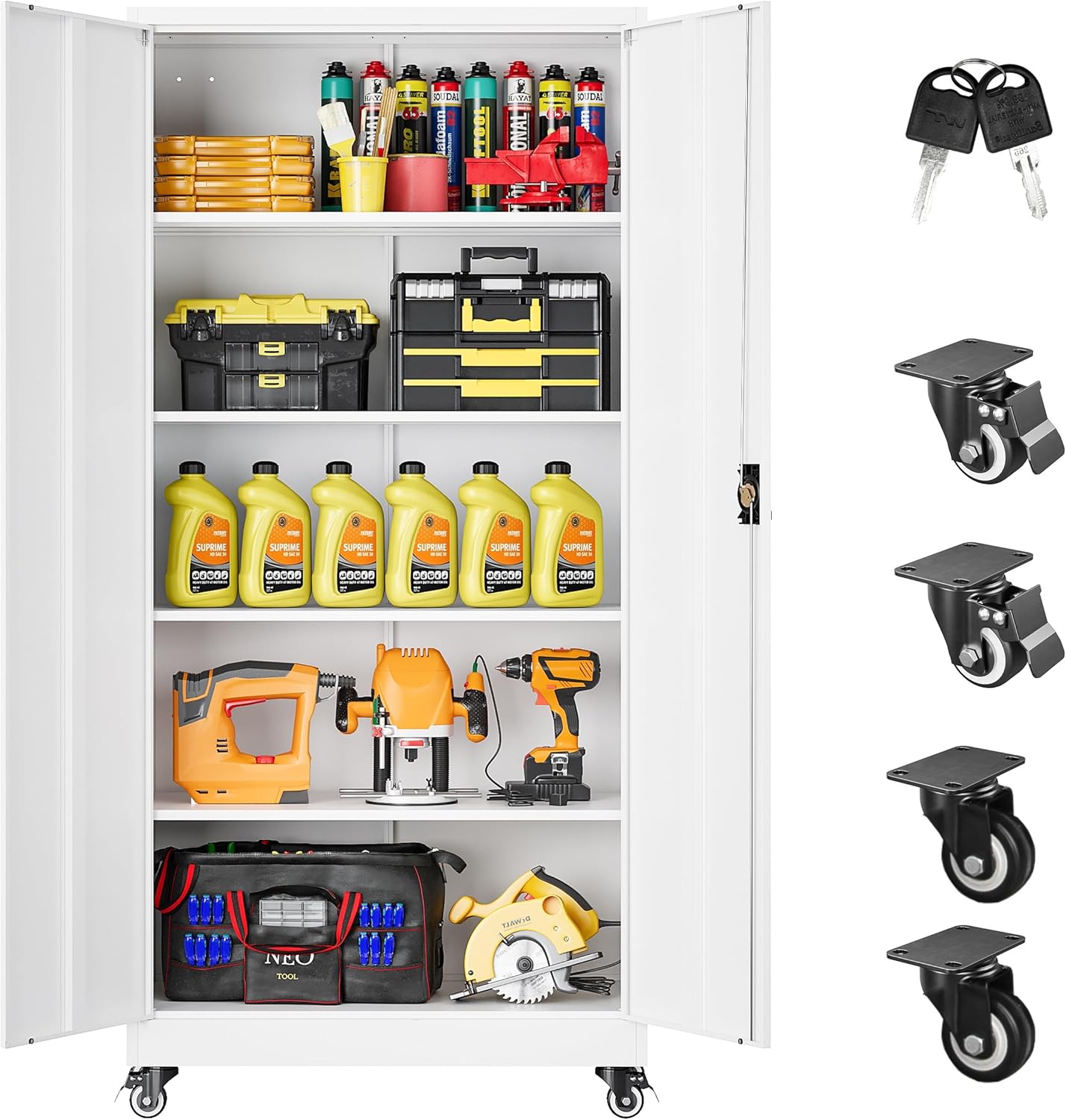SISESOL Metal Storage Cabinet with Wheels,75 inch Tall Rolling Garage Storage Cabinet with Lock,Black Metal Cabinets with Wheels and Shelves,Deep Heavy Duty Tool Locker for Garage,Home,Office,Shop