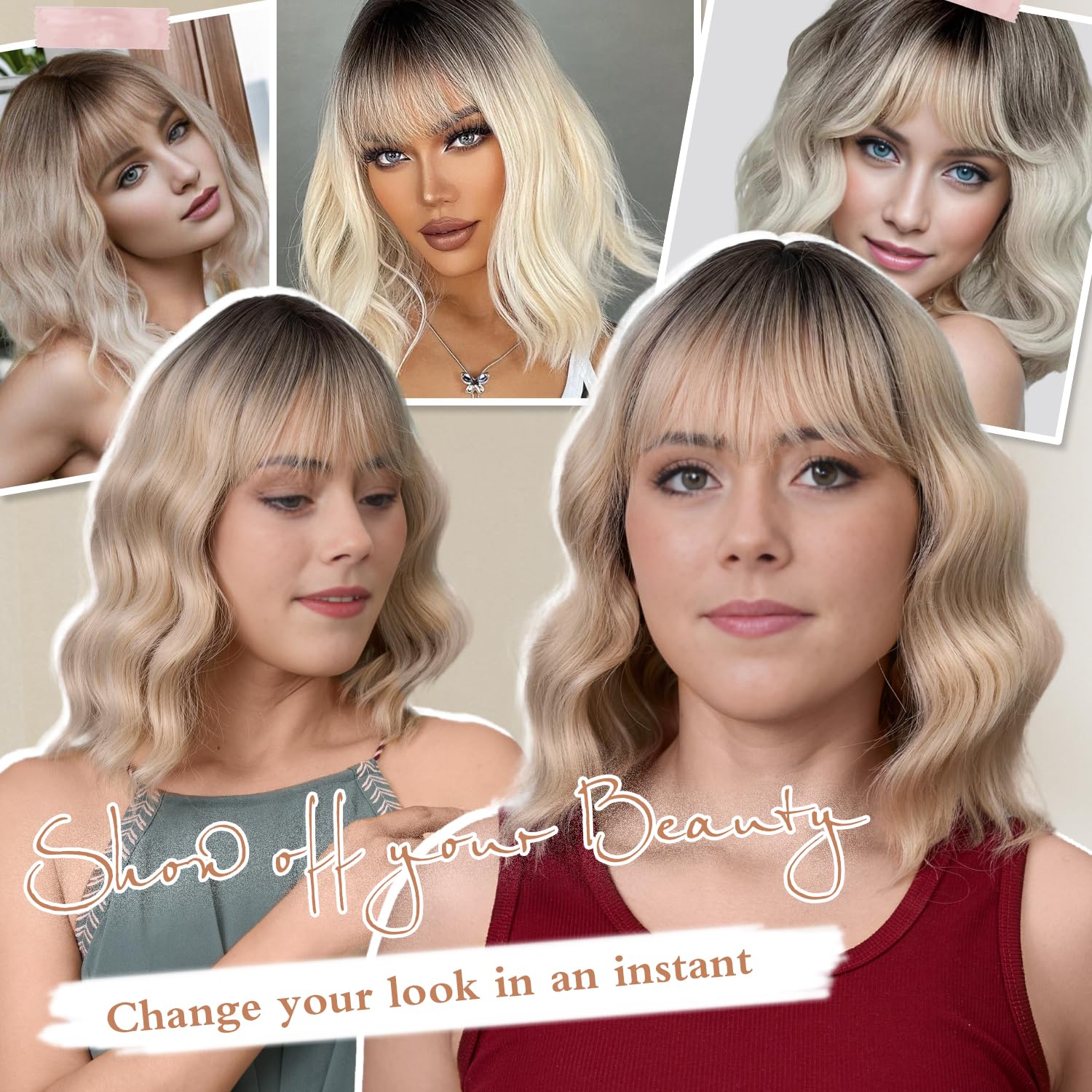 Short Bob Wig with Bangs Wigs for White Women Synthetic Heat Resistant Wavy Wigs - Wigtrends