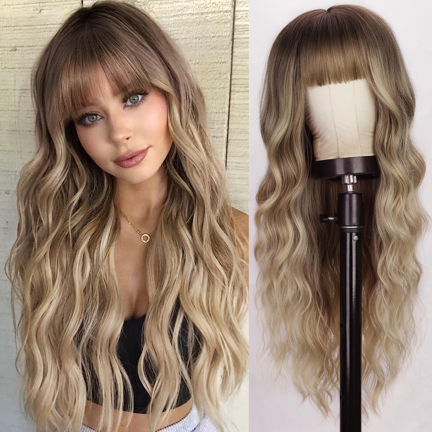 Blonde Wig With Bangs Long Wavy Curly Ombre Wig with Dark Root Human Hair Wigs