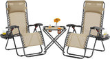 Yaheetech 3PCS Zero Gravity Recliner Portable Outdoor Reclining Chair Set w/Side Table Folding Chaise Lounge Chairs for Patio Beach Deck Garden Pool Beige