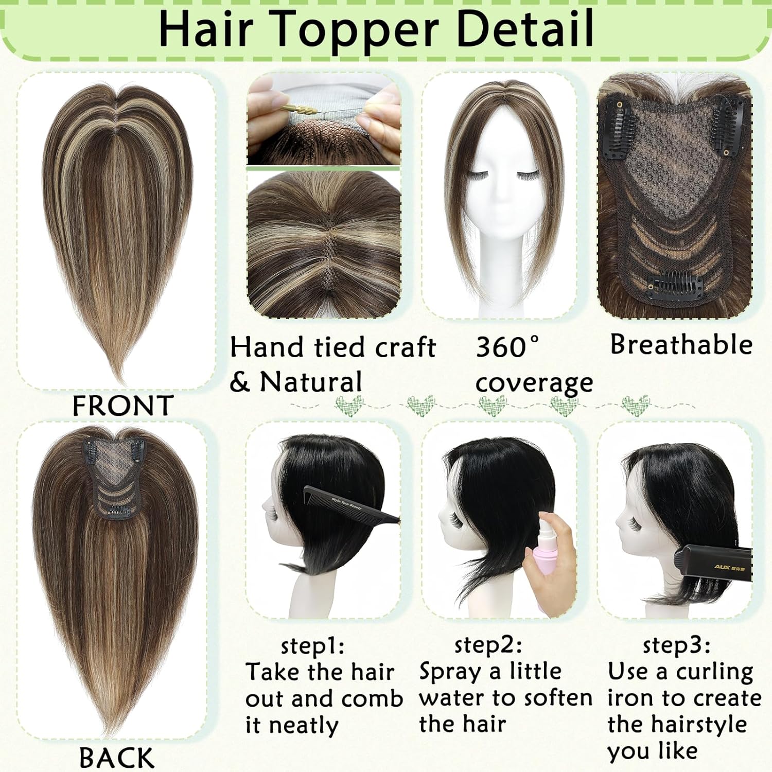 Hair Toppers for Women Real Human Hair 360° No Bangs Upgrade Lace Base Human Hair Toppers - Wigtrends