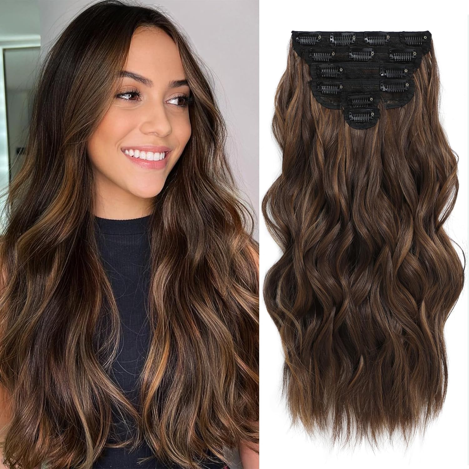 Clip in Hair Extensions 6 PCS Natural & Soft Hair Blends Well Hair wigs Dark Brown Long Wavy Hairpieces