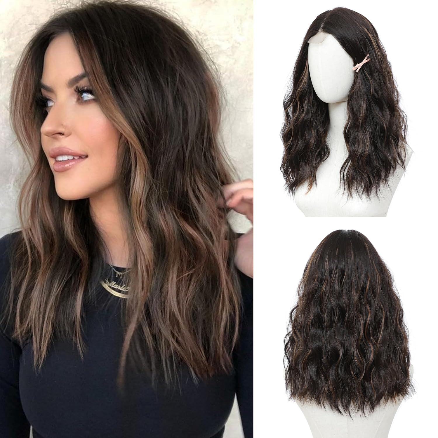 Brown Highlight Medium Length Wigs Wavy Human Hair Wigs with Upgraded Strands