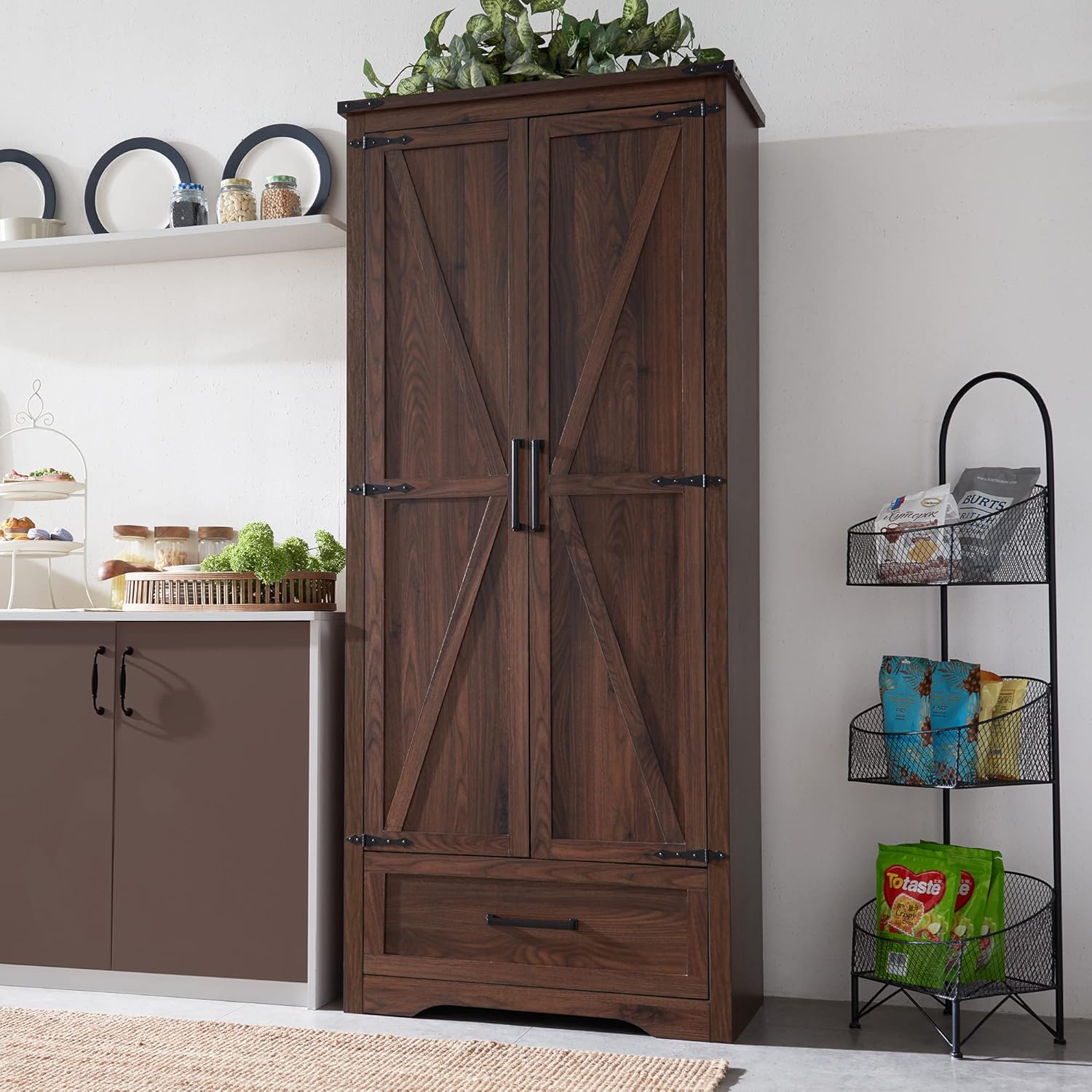 JXQTLINGMU Farmhouse Kitchen Pantry Cabinet - 72" Tall Wood Kitchen Storage Cabinets with Adjustable Shelves & 2 Barn Style Doors & Drawer, Versatile Storage for Dining Room, Bathroom, Antique White