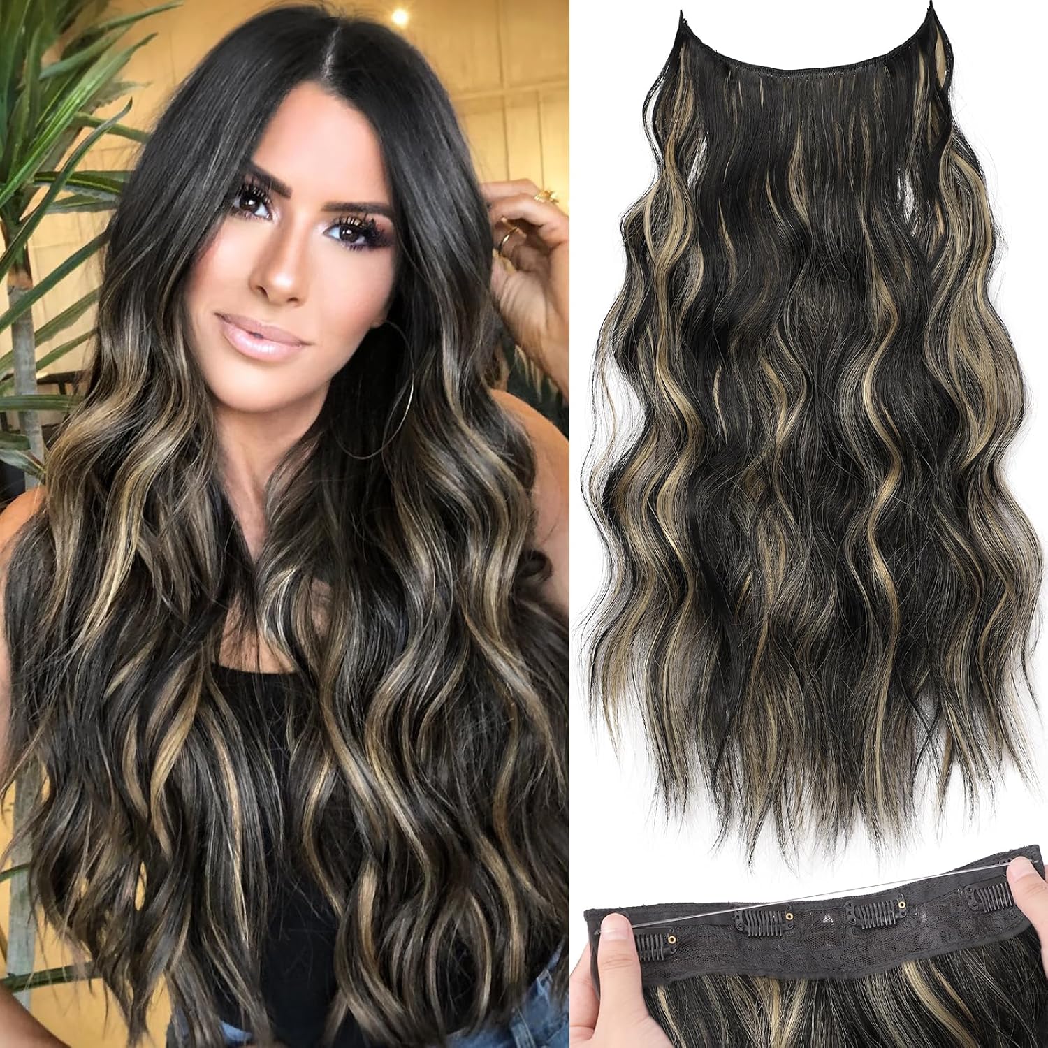 Invisible Wire Hair Extensions with Transparent Headband Adjustable Size 4 Secure Clips Long Wavy Secret Wire Hairpiece 20 Inch Grey/Sliver Mixed for Women