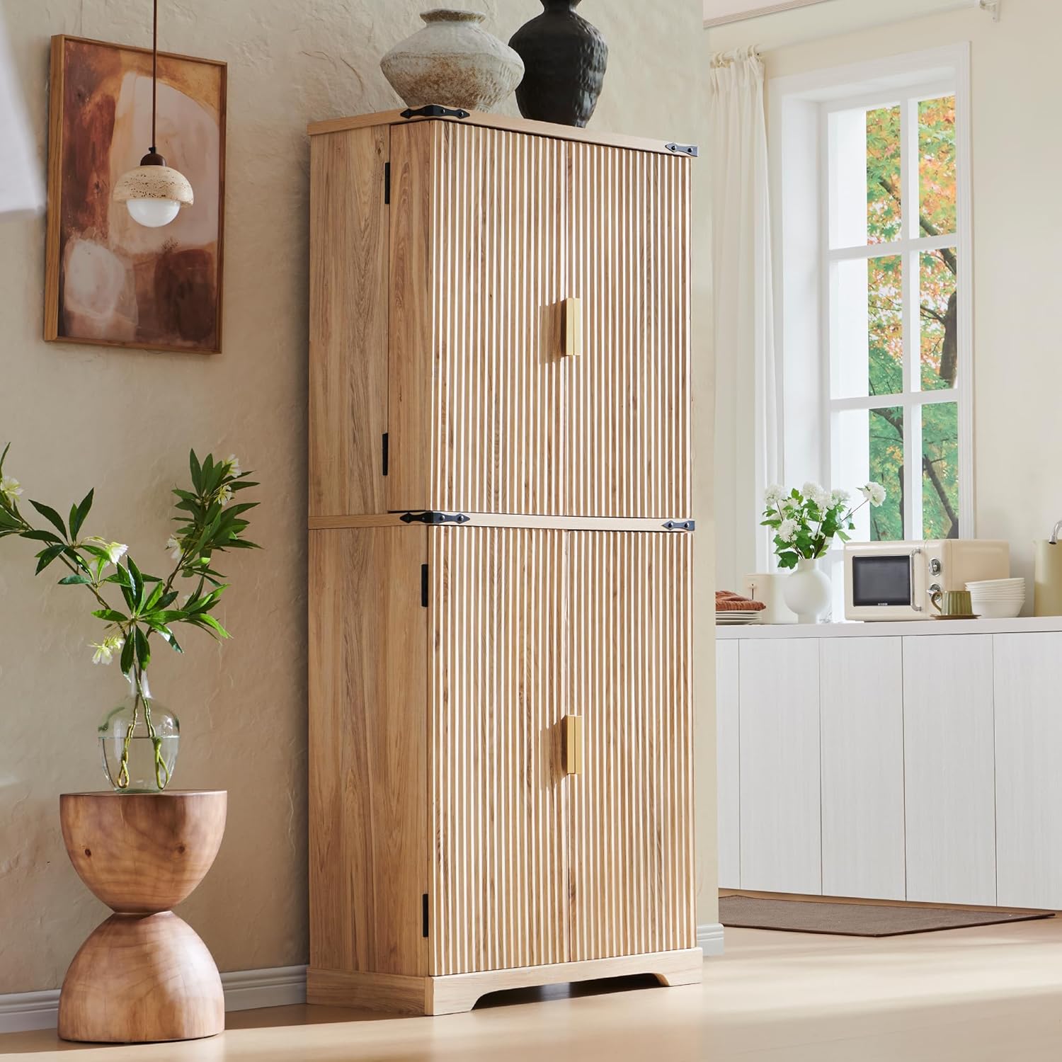 Fluted Pantry Cabinet, 72" Tall Modern Storage Cabinet with 4 Doors, Organizer, Drawer and Adjustable Shelves, Wood Cupboard for Kitchen, Dining Room, Living Room and Bathroom, Natural Oak